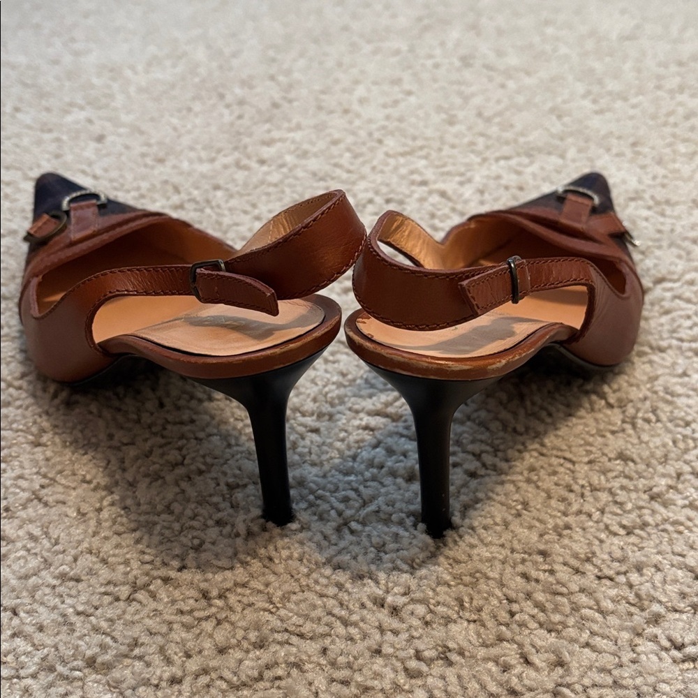 Casadei Brown and Black Plaid, Pointed Toe, Slingback Kitten Heels - Picture 4 of 4